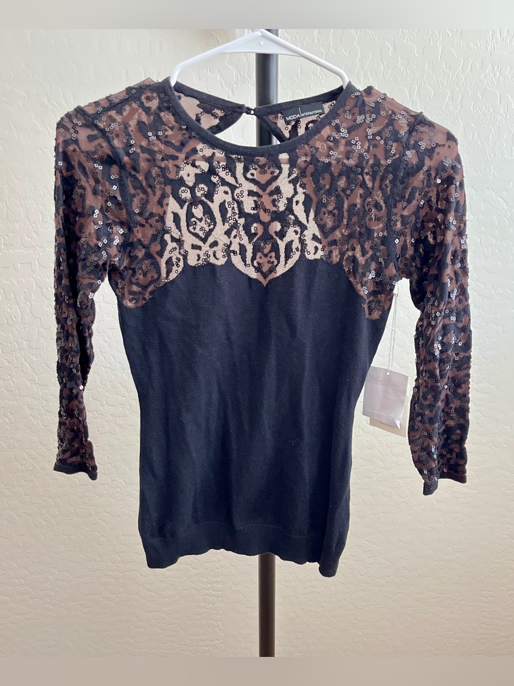Moda International Vintage Black Knit Top with Brown Sequin Lace Yoke